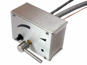 Brightstar Fires gas fire pit control box closeup showing ignitor button and valve handle